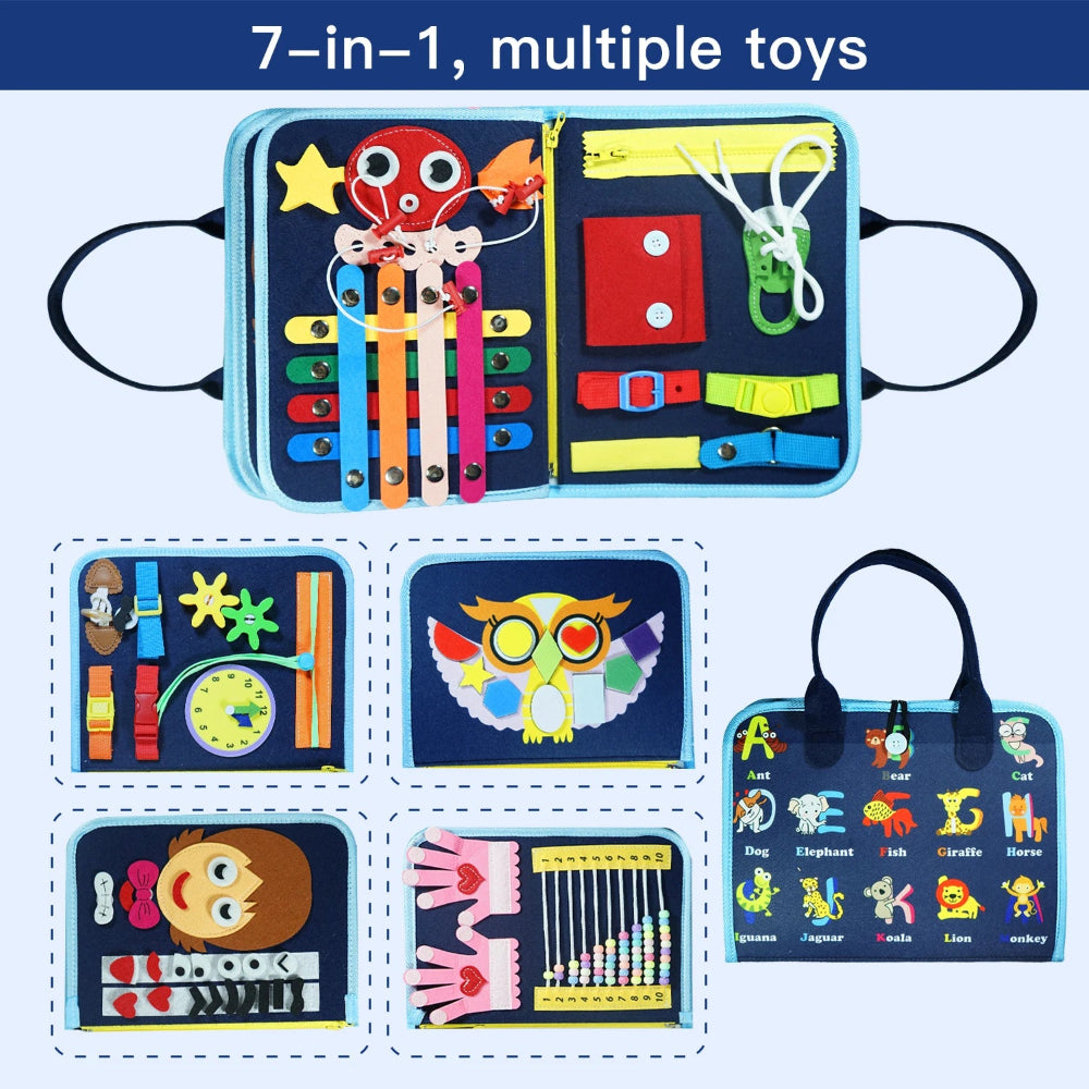 Montessori 7-in-1 Busy Board for ages 3–6. Safe sensory toy that builds fine motor skills, focus, and independence. Perfect educational gift for kids.