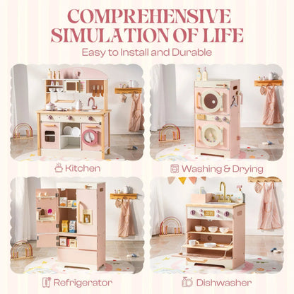 Deluxe wooden play kitchen for kids. Safe, stylish 4-piece set with accessories that inspire creativity, role play, and hands-on learning.