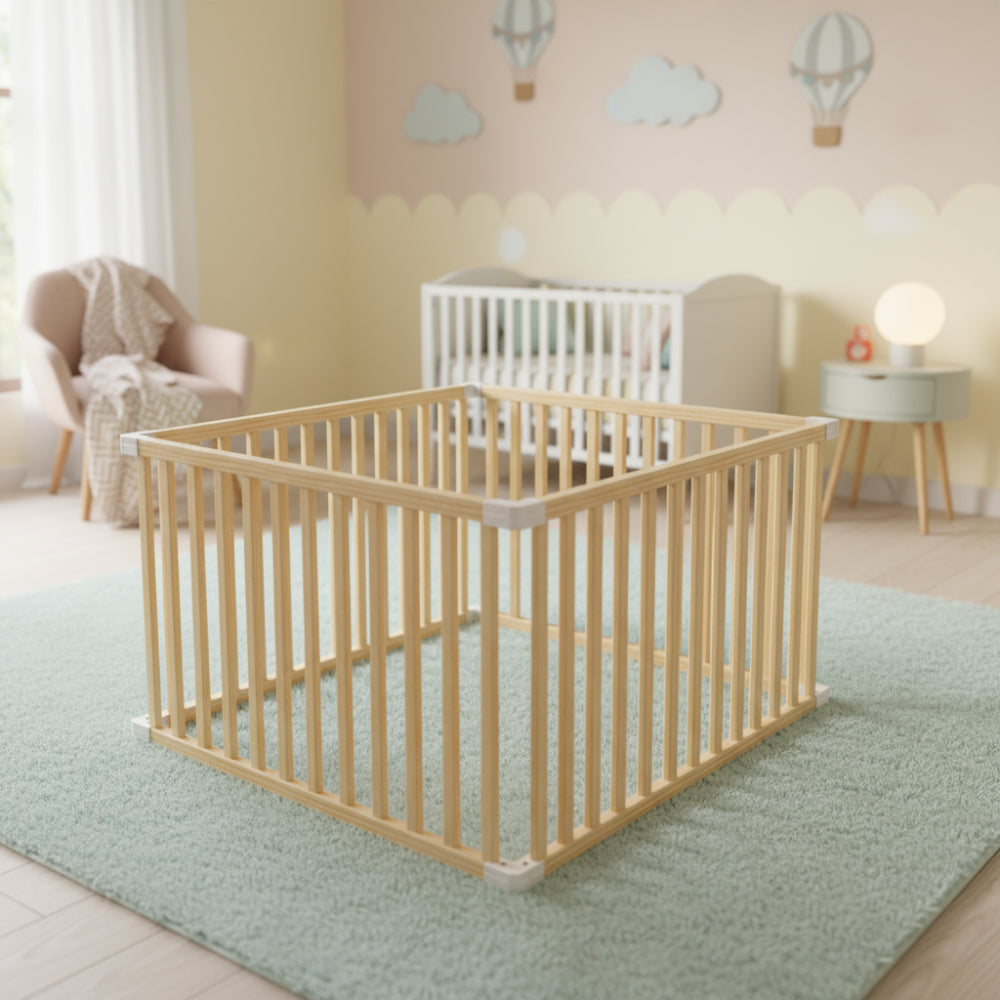 Safe wooden baby playpen with soft crawling mat. Durable, eco-friendly, and stylish design for secure play and early exploration.