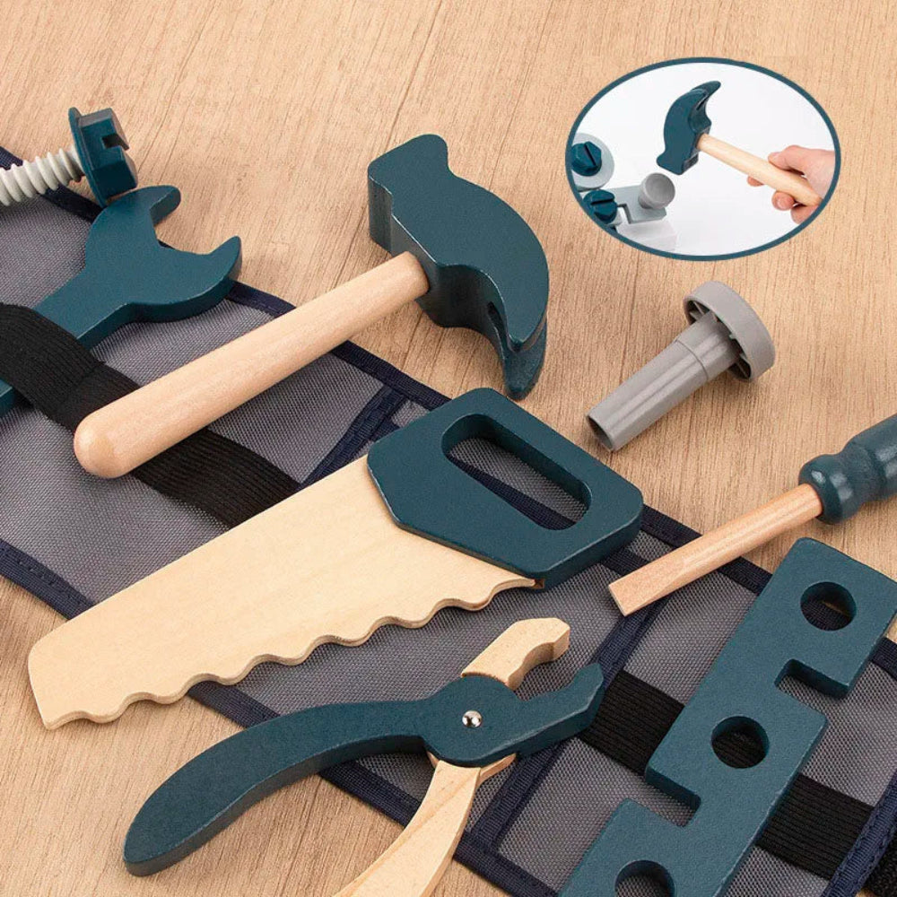 Wooden tool play set for kids. Safe, realistic, and fun role play that builds creativity, coordination, and hands-on learning.