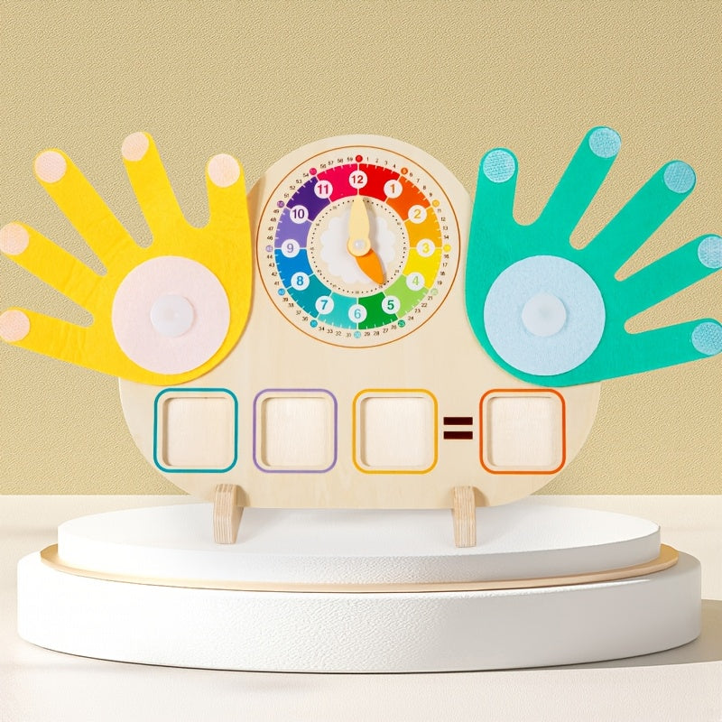 Wooden Clock + Finger Counting 2-In-1 Toy, Wooden Educational Toy, Learn Math by Counting Fingers, Recognize Clock with Pictures, Includes 23 Math Cards And 18 Clock Cards, Suitable for Children Aged 3-6 Yearschristmas Stocking Stuffers