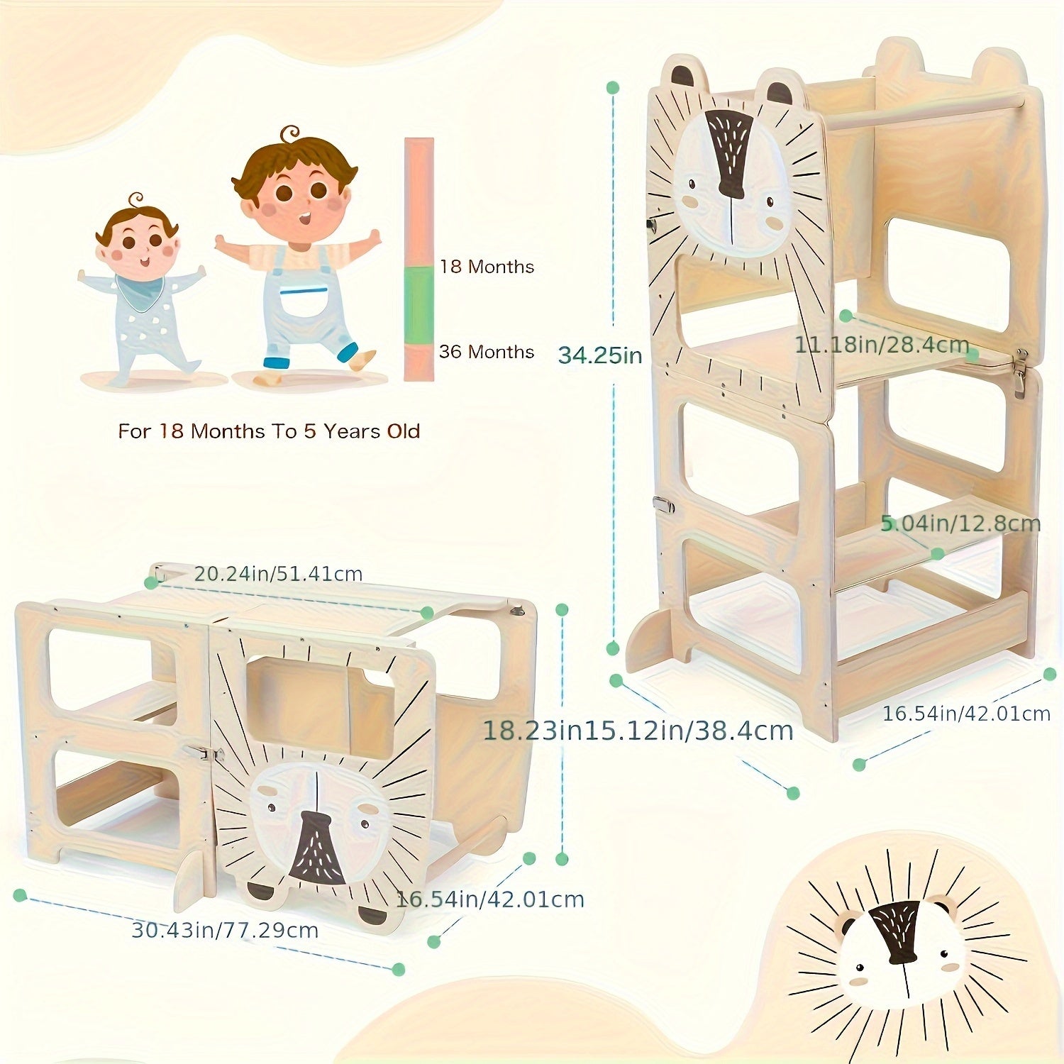 Banco de Degraus e Torre de Aprendizagem 2-em-1 Dobrável para Crianças com Quadro de Líquido e Quadro de Mensagens - Torre Educacional com Prateleira de Arrumação, Guarda-corpos de Segurança, Degraus Acolchoados Macios, Construção Robusta em Contraplacado/MDF/Pine, Design Compacto para Bebés +18M