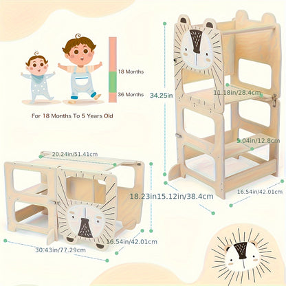 Banco de Degraus e Torre de Aprendizagem 2-em-1 Dobrável para Crianças com Quadro de Líquido e Quadro de Mensagens - Torre Educacional com Prateleira de Arrumação, Guarda-corpos de Segurança, Degraus Acolchoados Macios, Construção Robusta em Contraplacado/MDF/Pine, Design Compacto para Bebés +18M