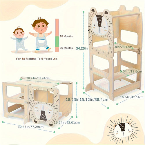 Banco de Degraus e Torre de Aprendizagem 2-em-1 Dobrável para Crianças com Quadro de Líquido e Quadro de Mensagens - Torre Educacional com Prateleira de Arrumação, Guarda-corpos de Segurança, Degraus Acolchoados Macios, Construção Robusta em Contraplacado/MDF/Pine, Design Compacto para Bebés +18M