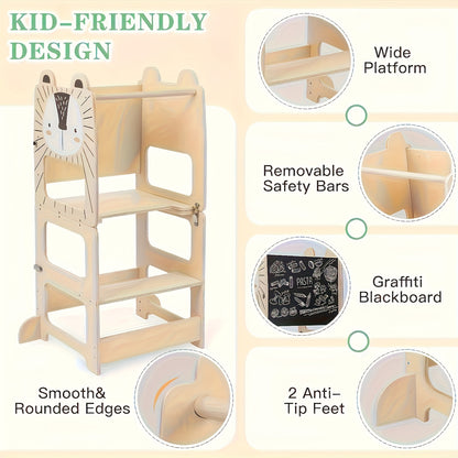 Banco de Degraus e Torre de Aprendizagem 2-em-1 Dobrável para Crianças com Quadro de Líquido e Quadro de Mensagens - Torre Educacional com Prateleira de Arrumação, Guarda-corpos de Segurança, Degraus Acolchoados Macios, Construção Robusta em Contraplacado/MDF/Pine, Design Compacto para Bebés +18M