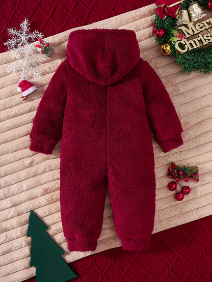 Macacão de Inverno com Capuz de Rena de Pelúcia para Meninos - Fecho de Zíper Acolchoado em Lã Suave, Vermelho e Estampado com Animais com Corno e Design de Flocos de Neve, para Exterior, Roupa de Inverno para Bebés, Roupa de Inverno para Crianças Pequenas
