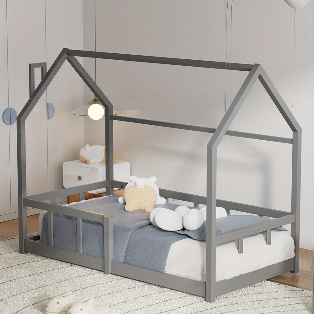 Cama de Pinho Sólido - Design de Chaminé, com Railing de Segurança, Base de Tábua Resistente, Estrutura de Cama de Cor Céu (167×87×135cm) para Entrega Rápida Local