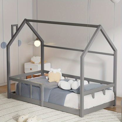Cama de Pinho Sólido - Design de Chaminé, com Railing de Segurança, Base de Tábua Resistente, Estrutura de Cama de Cor Céu (167×87×135cm) para Entrega Rápida Local