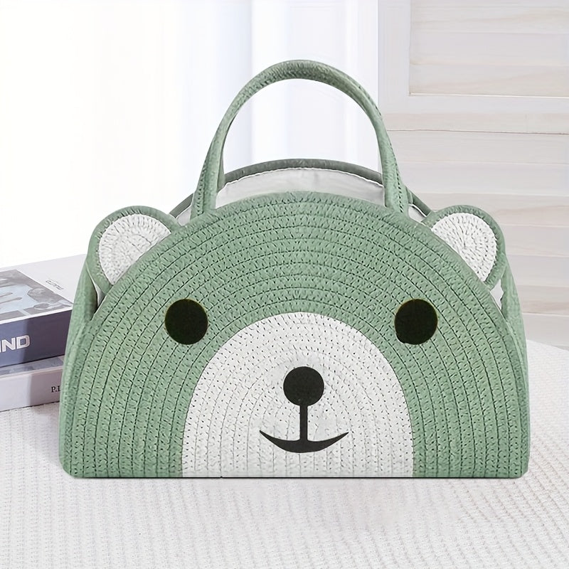 Organizador de fraldas com design de ursinho encantador - Cesto de armazenamento grande de linho com rosto de ursinho adorável, presente perfeito para mães recém-nascidas, verde claro com detalhes brancos, saco de fraldas, organizador de quarto, design divertido, pegas resistentes