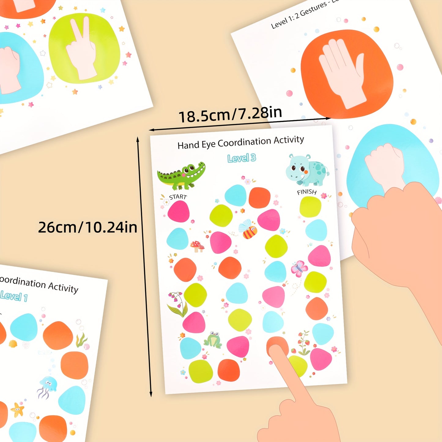 Cartões de atividade de coordenação mão-olho de 3 níveis para crianças - Jogo de treino de coordenação cerebral de dupla face com cartões coloridos de correspondência mão-olho, desenvolvimento de habilidades motoras finas, material de ensino de volta à escola e sala de aula, presente educativo de aprendizagem para crianças pequenas e pré-escolares, design divertido, material de papel durável, brinquedo de terapia ocupacional