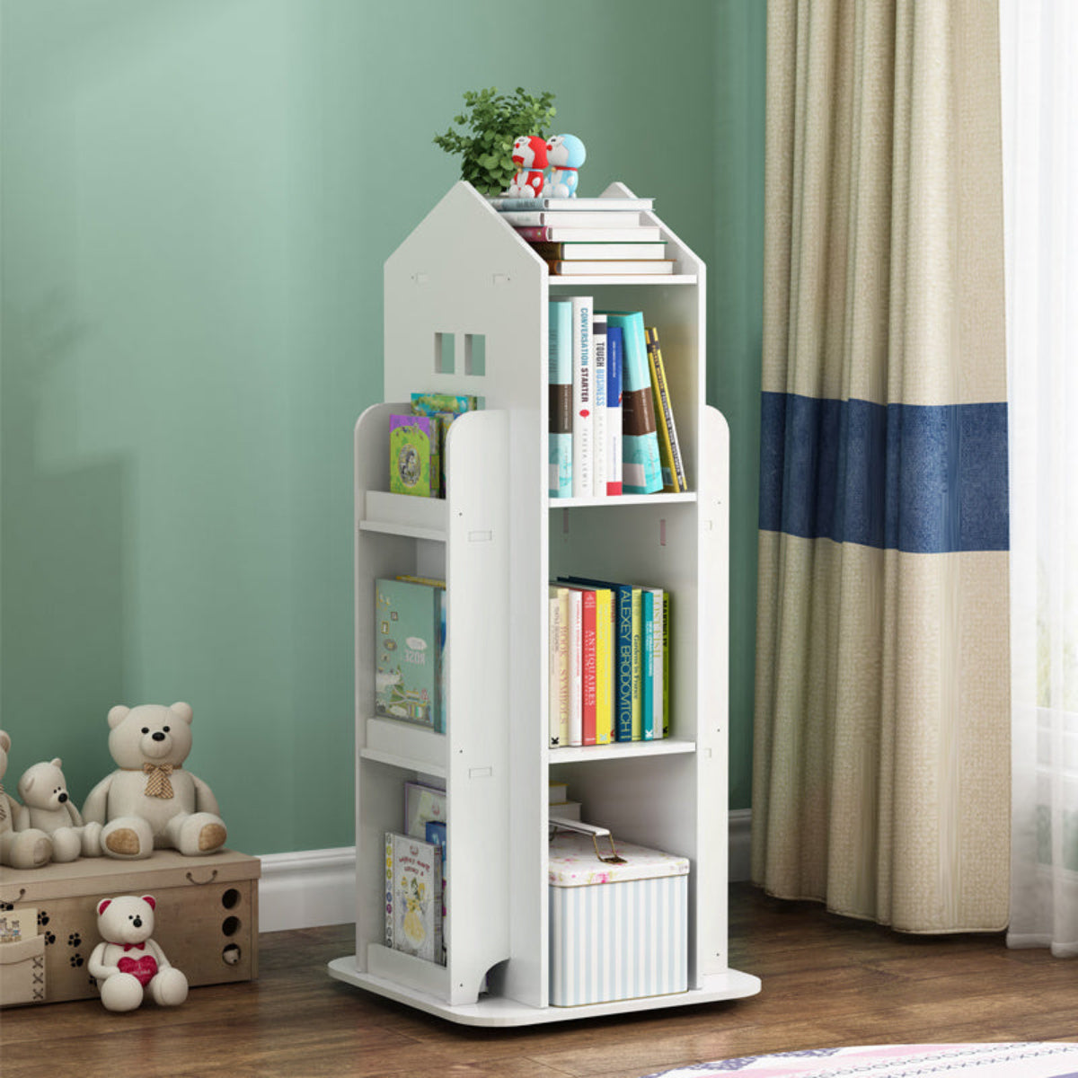 Discover the 360° Rotating Kids' Bookshelf. Perfect for organizing and adding joy to your child's room. Safe, durable, and fun!