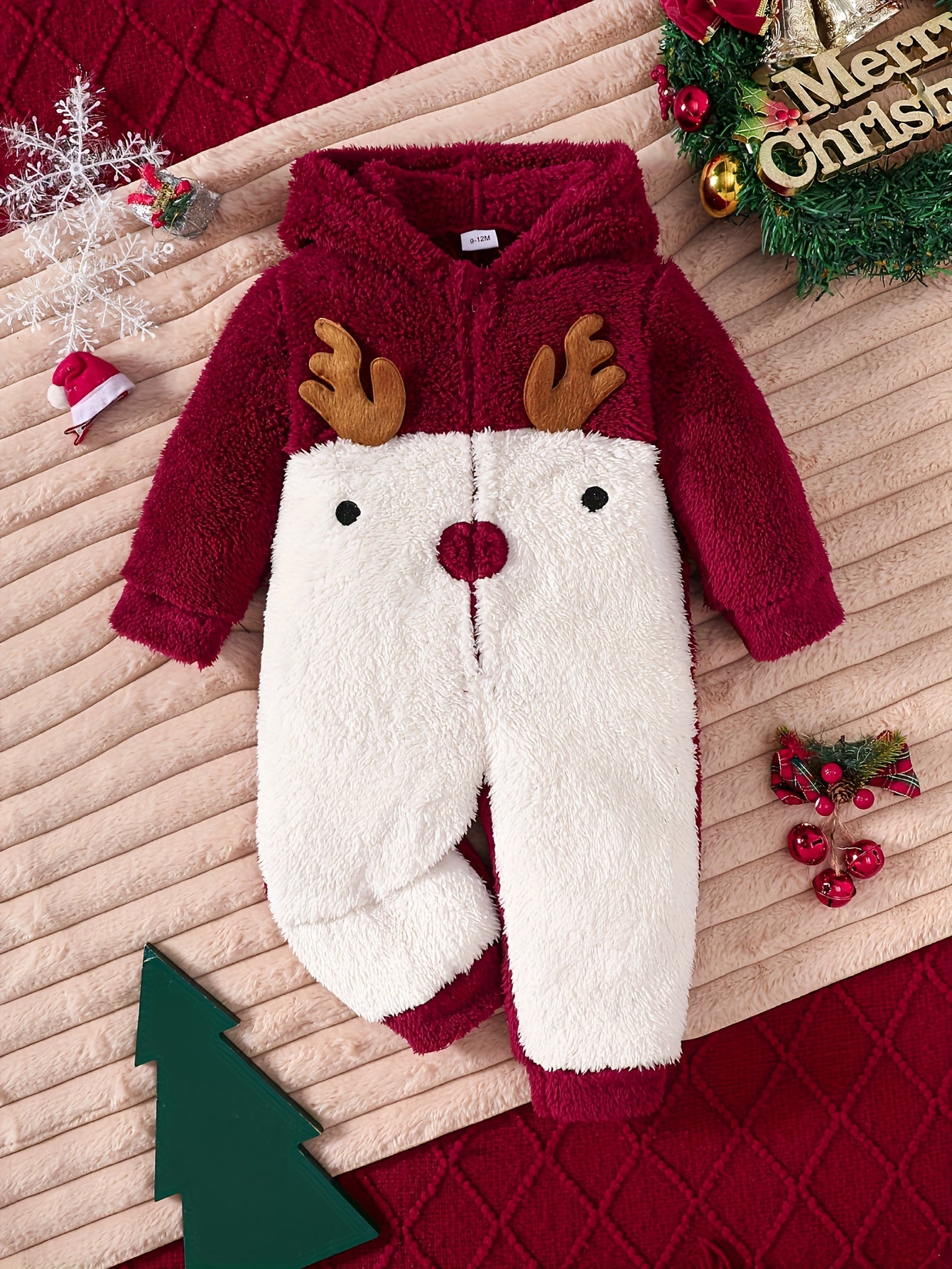 Macacão de Inverno com Capuz de Rena de Pelúcia para Meninos - Fecho de Zíper Acolchoado em Lã Suave, Vermelho e Estampado com Animais com Corno e Design de Flocos de Neve, para Exterior, Roupa de Inverno para Bebés, Roupa de Inverno para Crianças Pequenas