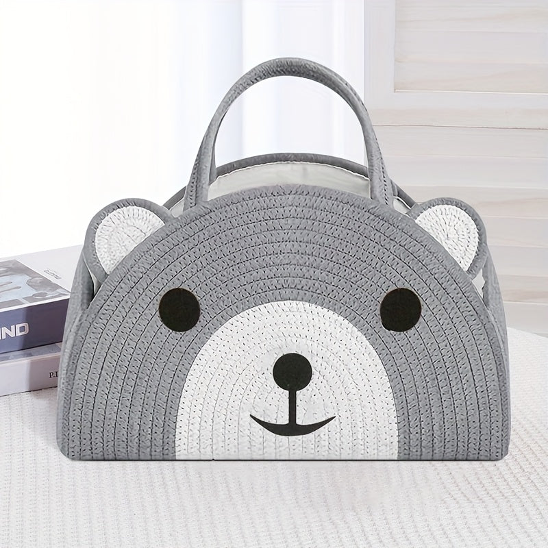 Organizador de fraldas com design de ursinho encantador - Cesto de armazenamento grande de linho com rosto de ursinho adorável, presente perfeito para mães recém-nascidas, verde claro com detalhes brancos, saco de fraldas, organizador de quarto, design divertido, pegas resistentes