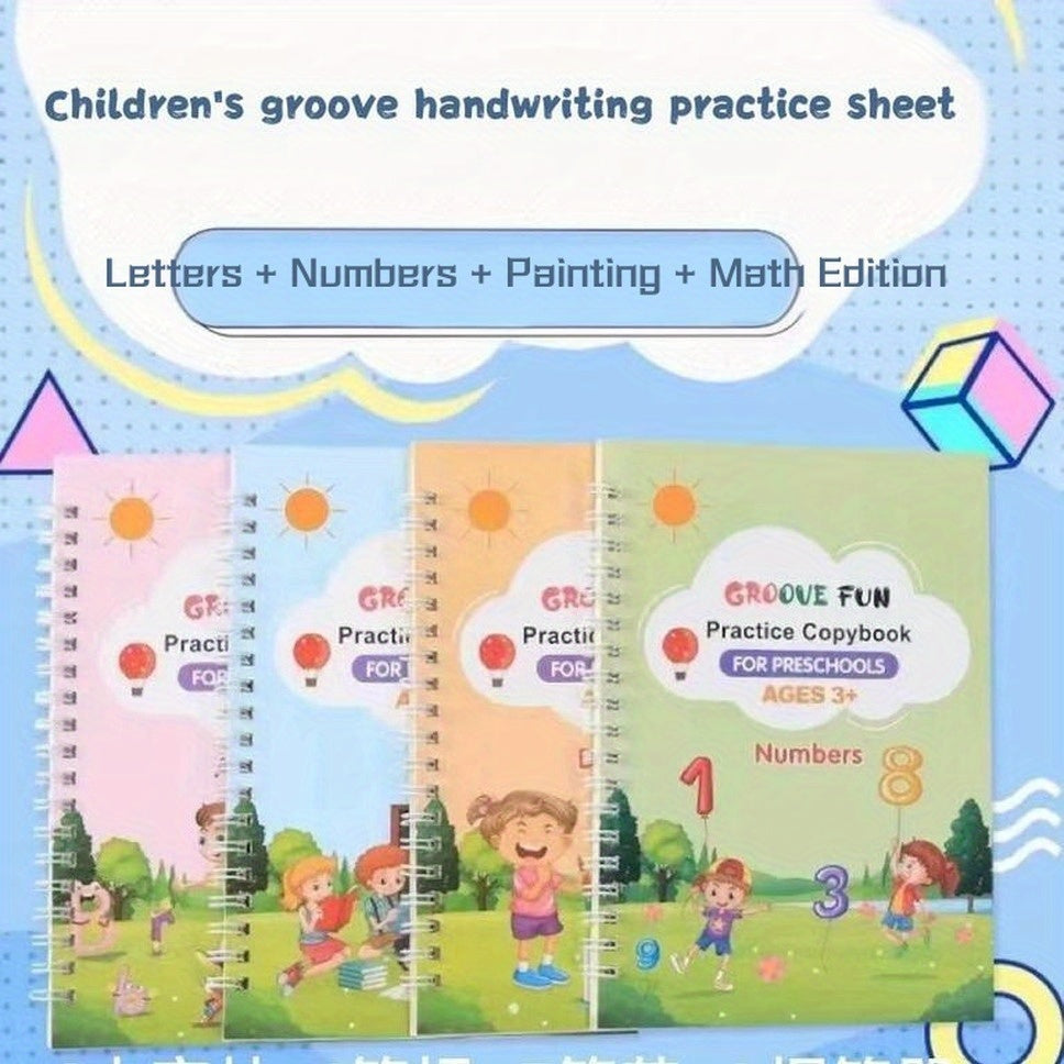 Quatro livros de caligrafia mágica com capa dura para treino de controle (inclui letras + números + desenho + versão matemática + 1 caneta + 5 recargas + suporte para caneta). Esses livros de desenho reutilizáveis são perfeitos como presentes de Natal, aniversário ou material escolar. Projetados