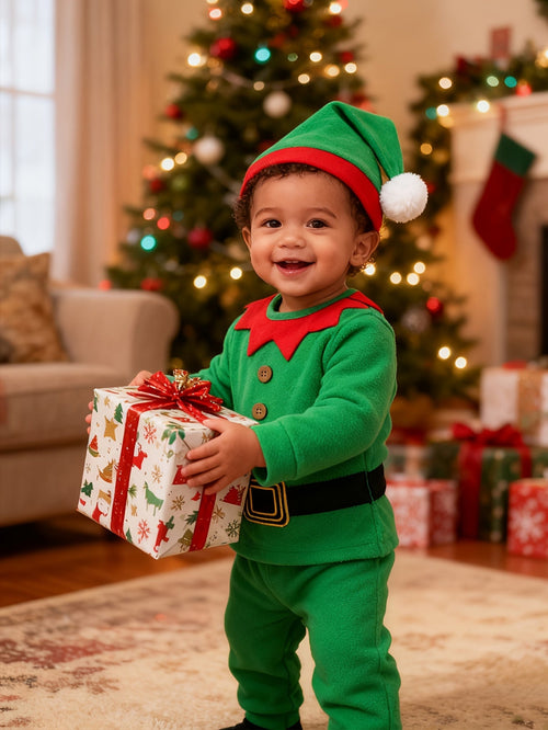Discover the Cozy Christmas Elf Outfit for Kids. Perfect for warmth and festive fun. Ideal for ages 0-3. Toosly: care and safety in every detail.