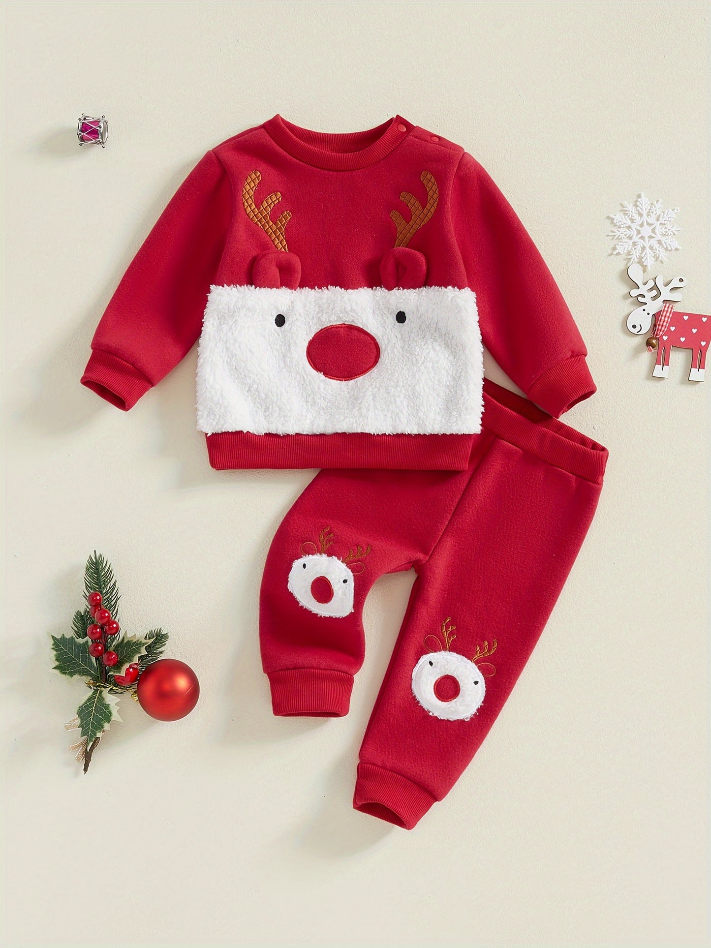 Conjunto de Natal de Rena para Bebê Menino e Menina 2 Peças - Roupa de Inverno Forrada com Fleece com Calça e Camisa Combinando, Roupa Infantil Aconchegante e Quente, Lavável à Máquina, Traje Fofo para Feriados, Perfeito para Atividades ao Ar Livre