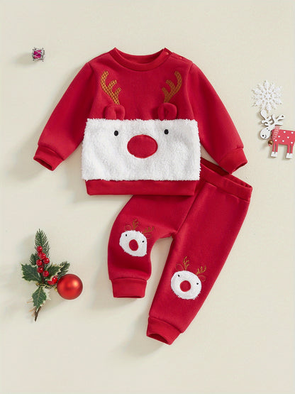 Conjunto de Natal de Rena para Bebê Menino e Menina 2 Peças - Roupa de Inverno Forrada com Fleece com Calça e Camisa Combinando, Roupa Infantil Aconchegante e Quente, Lavável à Máquina, Traje Fofo para Feriados, Perfeito para Atividades ao Ar Livre
