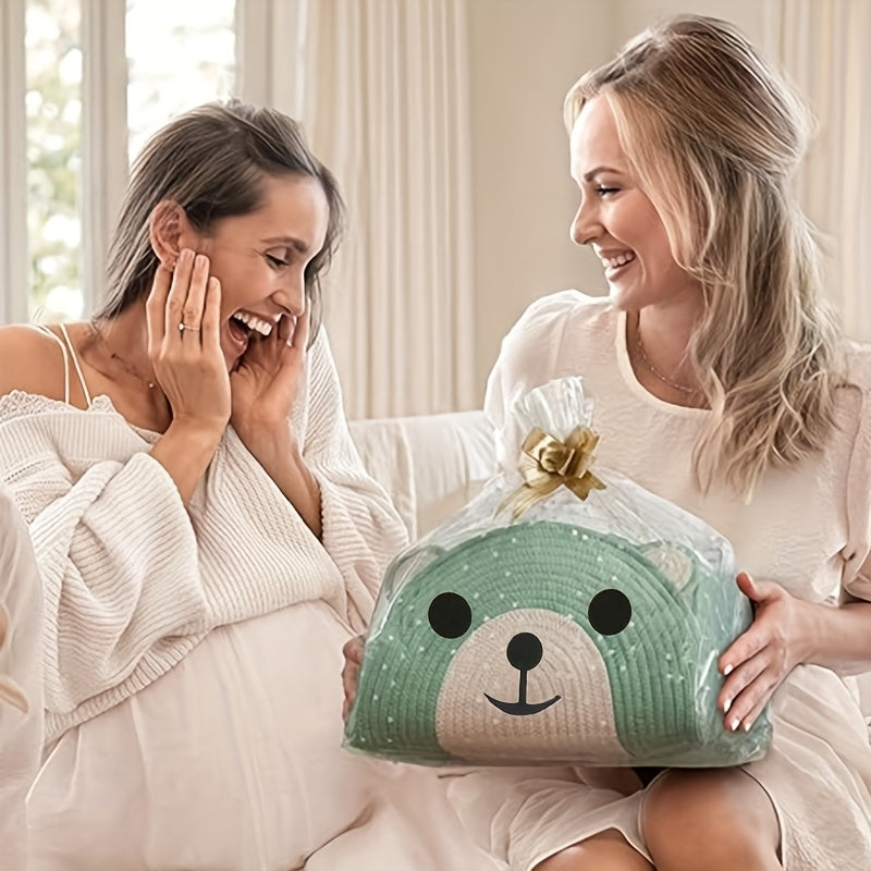 Organizador de fraldas com design de ursinho encantador - Cesto de armazenamento grande de linho com rosto de ursinho adorável, presente perfeito para mães recém-nascidas, verde claro com detalhes brancos, saco de fraldas, organizador de quarto, design divertido, pegas resistentes