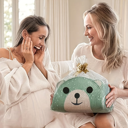 Organizador de fraldas com design de ursinho encantador - Cesto de armazenamento grande de linho com rosto de ursinho adorável, presente perfeito para mães recém-nascidas, verde claro com detalhes brancos, saco de fraldas, organizador de quarto, design divertido, pegas resistentes