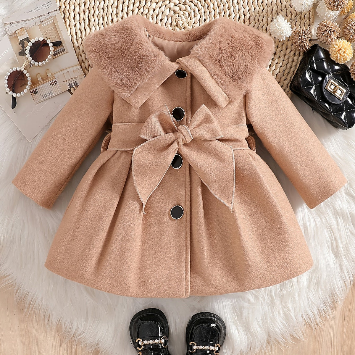 Keep your baby girl warm and stylish with our Winter Coat featuring a plush collar and bow. Perfect for chilly days.