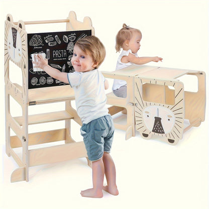 Banco de Degraus e Torre de Aprendizagem 2-em-1 Dobrável para Crianças com Quadro de Líquido e Quadro de Mensagens - Torre Educacional com Prateleira de Arrumação, Guarda-corpos de Segurança, Degraus Acolchoados Macios, Construção Robusta em Contraplacado/MDF/Pine, Design Compacto para Bebés +18M