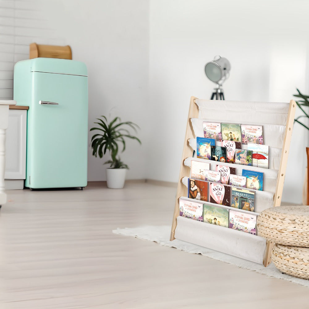 Estante de 6 Prateleiras com Bolsos 14X9X83cm Acessível para Livros Naturais, Altura Perfeita para Diversão de Leitura, Armazenamento para Quarto