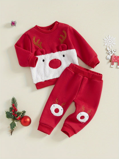 Conjunto de Natal de Rena para Bebê Menino e Menina 2 Peças - Roupa de Inverno Forrada com Fleece com Calça e Camisa Combinando, Roupa Infantil Aconchegante e Quente, Lavável à Máquina, Traje Fofo para Feriados, Perfeito para Atividades ao Ar Livre