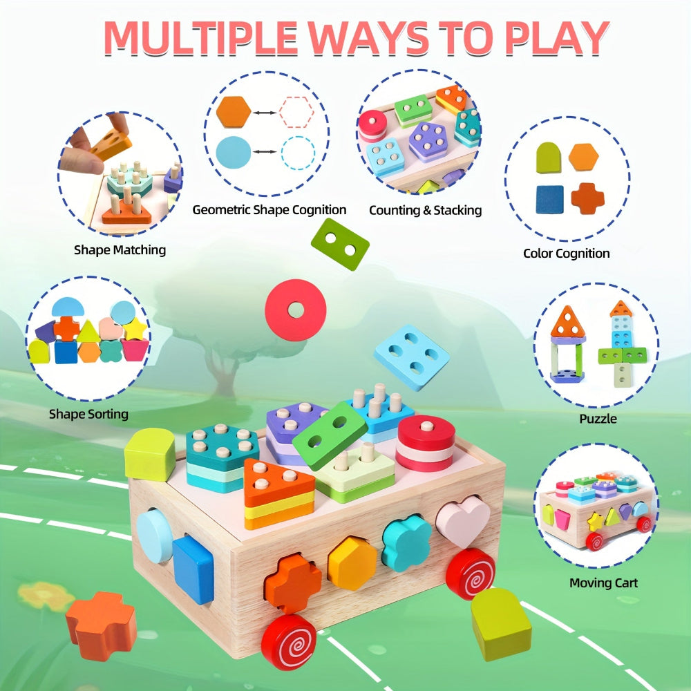 Wooden Shape Sorter Intelligence Car Toy, Educational Building Blocks Toy for Toddler, Preschool Learning Toy, Hand-eye Coordination & Color Shape Recognition, Birthday New Year Gifts For Boys Girls - Color: Red, Yellow, Blue, Green, Purple, Pink, Bright Yellow, Apricot, Lemon Yellow, Light Beige, Material: Wood