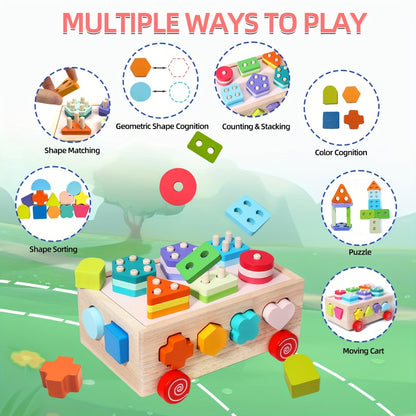 Wooden Shape Sorter Intelligence Car Toy, Educational Building Blocks Toy for Toddler, Preschool Learning Toy, Hand-eye Coordination & Color Shape Recognition, Birthday New Year Gifts For Boys Girls - Color: Red, Yellow, Blue, Green, Purple, Pink, Bright Yellow, Apricot, Lemon Yellow, Light Beige, Material: Wood