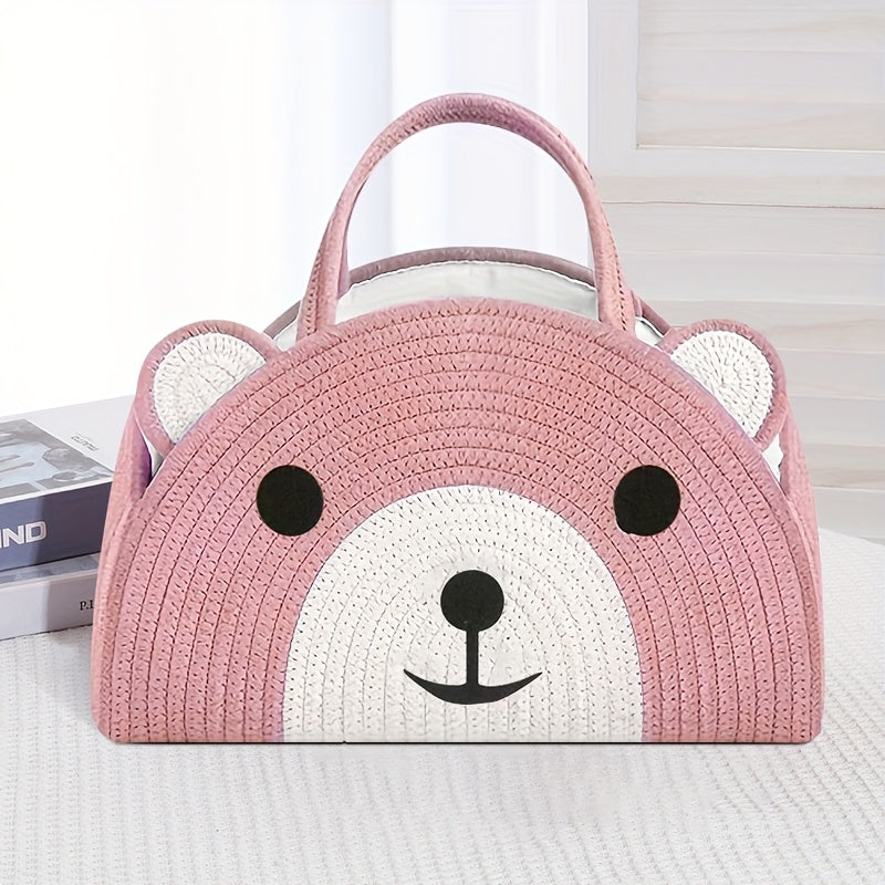 Organizador de fraldas com design de ursinho encantador - Cesto de armazenamento grande de linho com rosto de ursinho adorável, presente perfeito para mães recém-nascidas, verde claro com detalhes brancos, saco de fraldas, organizador de quarto, design divertido, pegas resistentes