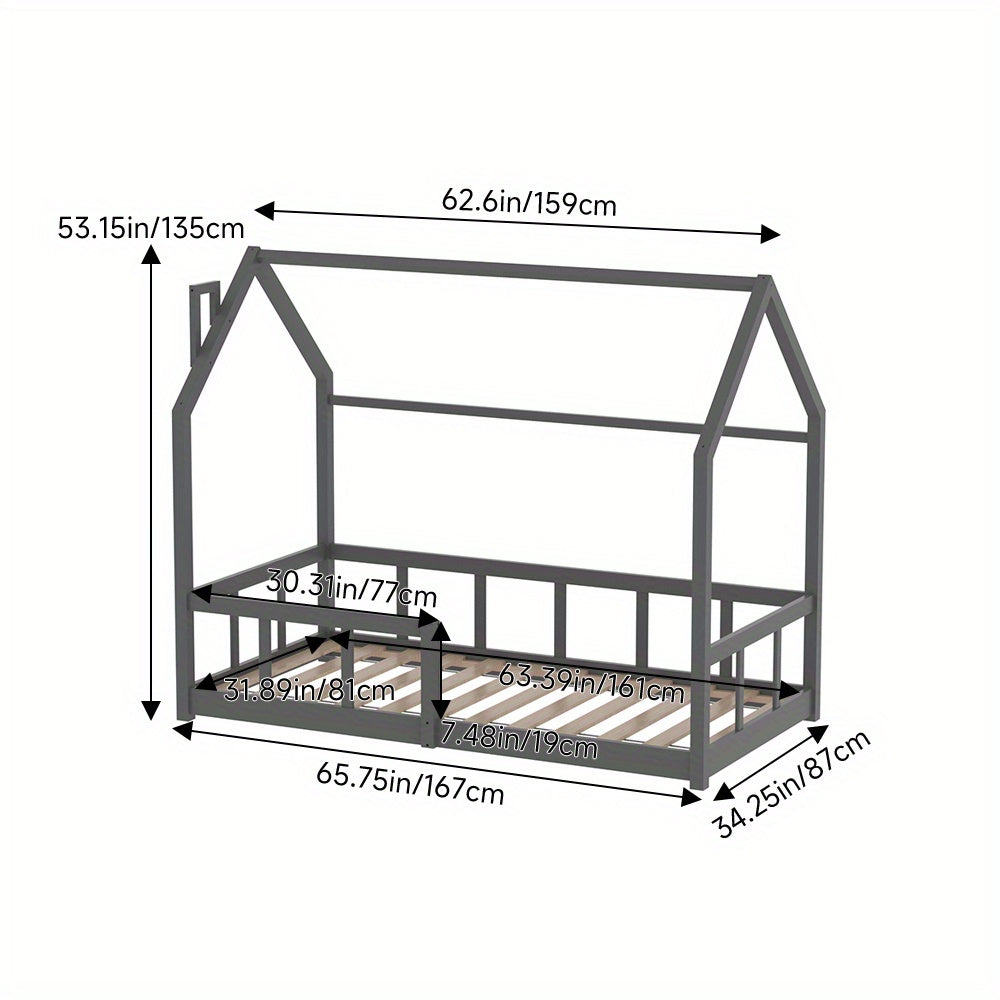 Cama de Pinho Sólido - Design de Chaminé, com Railing de Segurança, Base de Tábua Resistente, Estrutura de Cama de Cor Céu (167×87×135cm) para Entrega Rápida Local