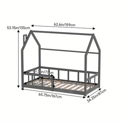Cama de Pinho Sólido - Design de Chaminé, com Railing de Segurança, Base de Tábua Resistente, Estrutura de Cama de Cor Céu (167×87×135cm) para Entrega Rápida Local