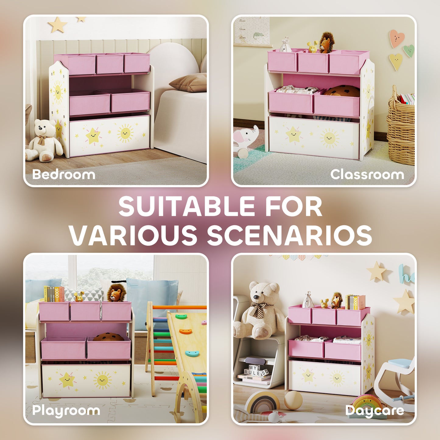 Unidades de Armazenamento de Brinquedos Infantis, Prateleira Organizadora de 3 Níveis com 6 Caixas de Tecido Removíveis para Crianças, Meninos, Meninas, Quarto, Sala de Brinquedos, Berçário