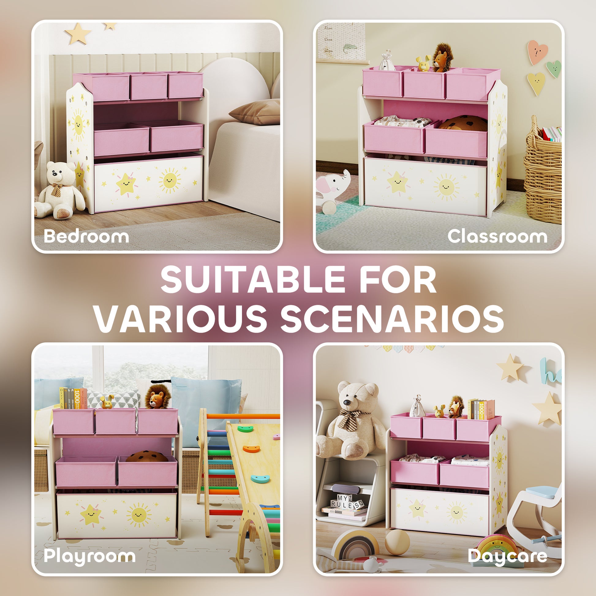 Unidades de Armazenamento de Brinquedos Infantis, Prateleira Organizadora de 3 Níveis com 6 Caixas de Tecido Removíveis para Crianças, Meninos, Meninas, Quarto, Sala de Brinquedos, Berçário