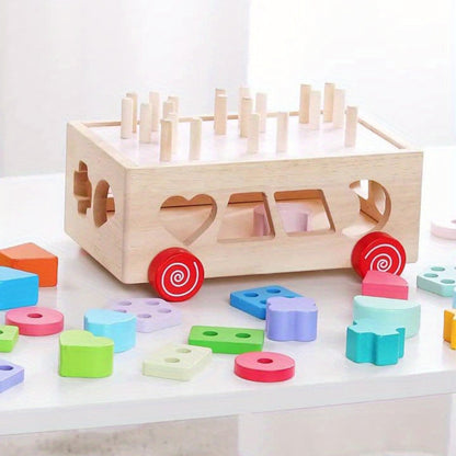 Wooden Shape Sorter Intelligence Car Toy, Educational Building Blocks Toy for Toddler, Preschool Learning Toy, Hand-eye Coordination & Color Shape Recognition, Birthday New Year Gifts For Boys Girls - Color: Red, Yellow, Blue, Green, Purple, Pink, Bright Yellow, Apricot, Lemon Yellow, Light Beige, Material: Wood