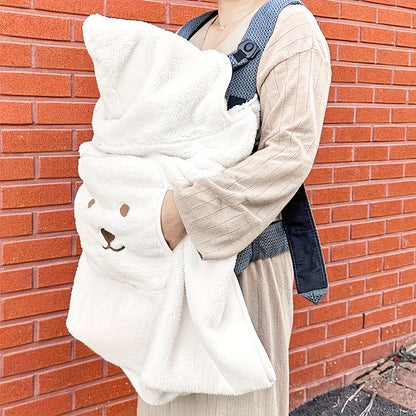 Capa de bebê para vento, 1 peça - Design de urso branco macio e confortável com olhos e boca pretos, cobertor de bebê portátil para uso ao ar livre, capa de carrinho de bebê, presente de Natal e Páscoa, cobertor de bebê, acessório de carrinho de bebê, design divertido, tecido durável
