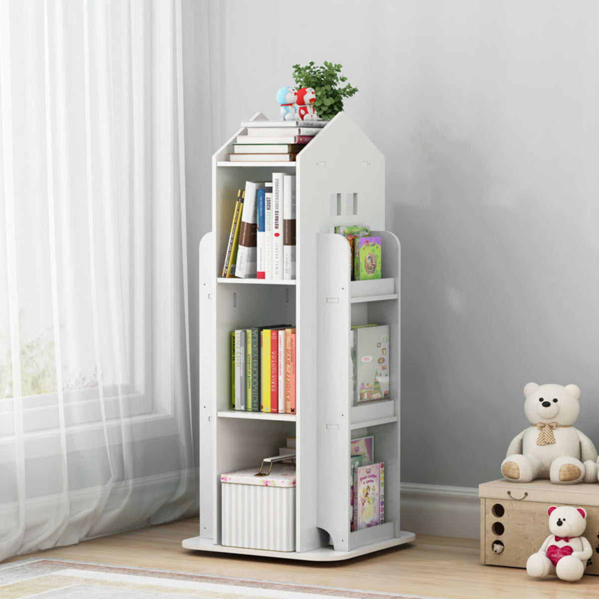 Discover the 360° Rotating Kids' Bookshelf. Perfect for organizing and adding joy to your child's room. Safe, durable, and fun!