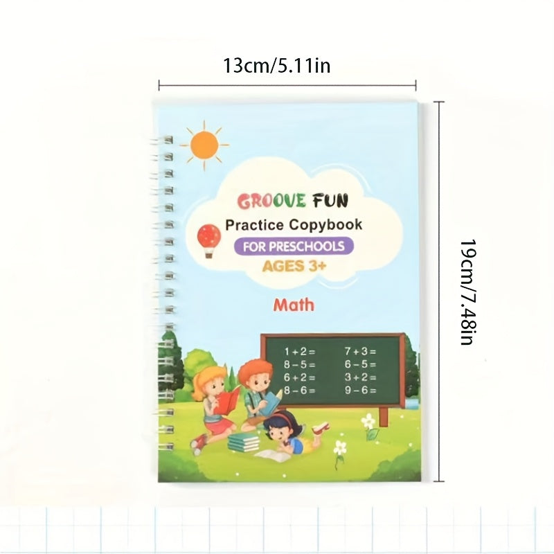 Quatro livros de caligrafia mágica com capa dura para treino de controle (inclui letras + números + desenho + versão matemática + 1 caneta + 5 recargas + suporte para caneta). Esses livros de desenho reutilizáveis são perfeitos como presentes de Natal, aniversário ou material escolar. Projetados