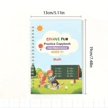 Quatro livros de caligrafia mágica com capa dura para treino de controle (inclui letras + números + desenho + versão matemática + 1 caneta + 5 recargas + suporte para caneta). Esses livros de desenho reutilizáveis são perfeitos como presentes de Natal, aniversário ou material escolar. Projetados