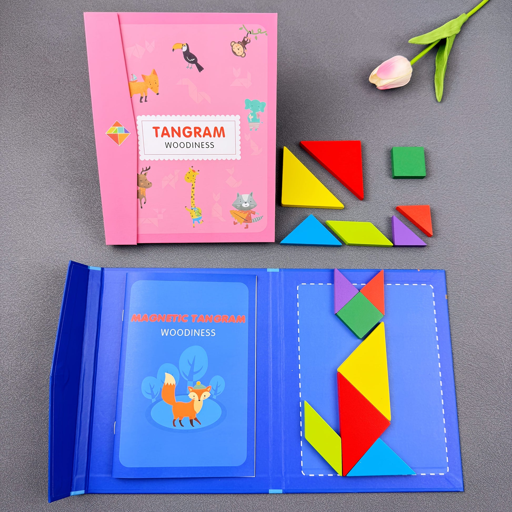 Conjunto de quebra-cabeças Tangram de madeira com clipe de livro portátil - Brinquedo educativo de construção de formas geométricas e aprendizagem cognitiva com desenvolvimento de habilidades de observação - Ideal para iluminação matemática, treino lógico - Presente perfeito para meninos e meninas no Natal, Páscoa, Halloween, aniversários - Inclui peças de madeira coloridas e caixa de armazenamento