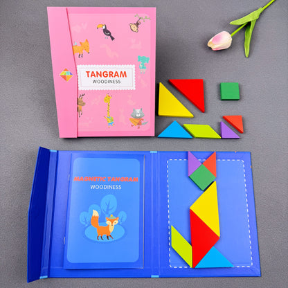 Conjunto de quebra-cabeças Tangram de madeira com clipe de livro portátil - Brinquedo educativo de construção de formas geométricas e aprendizagem cognitiva com desenvolvimento de habilidades de observação - Ideal para iluminação matemática, treino lógico - Presente perfeito para meninos e meninas no Natal, Páscoa, Halloween, aniversários - Inclui peças de madeira coloridas e caixa de armazenamento