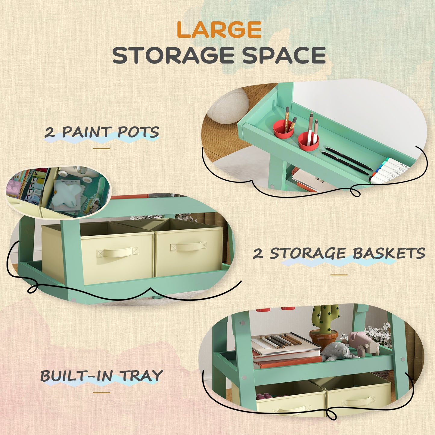 Cavalete de arte para crianças com rolo de papel, cavalete 3 em 1 para crianças com quadro branco magnético e quadro de giz de ambos os lados com cestas de armazenamento, para crianças de 3 a 6 anos